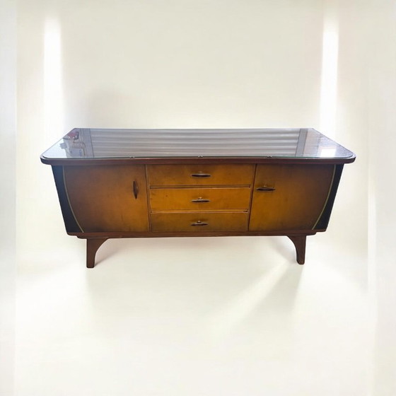 Image 1 of 50s wooden chest of drawers with brass band style elements, typical German Mid - Century design