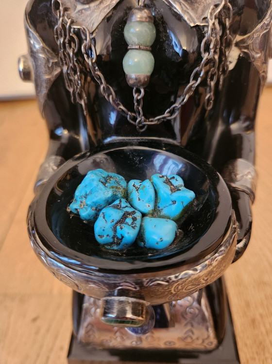 Image 1 of 2 large Mexican sculptures – Solid Obsidian & Alpaca/Silver with Turquoise inlay – 35 cm – Monumental weight: 8.8 kg!