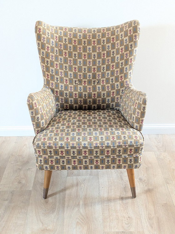 Vintage 1950s Belgian Wingback Armchair – Original Graphic Upholstery & Compass Legs – Brass, Wood (photo 2 of 12)