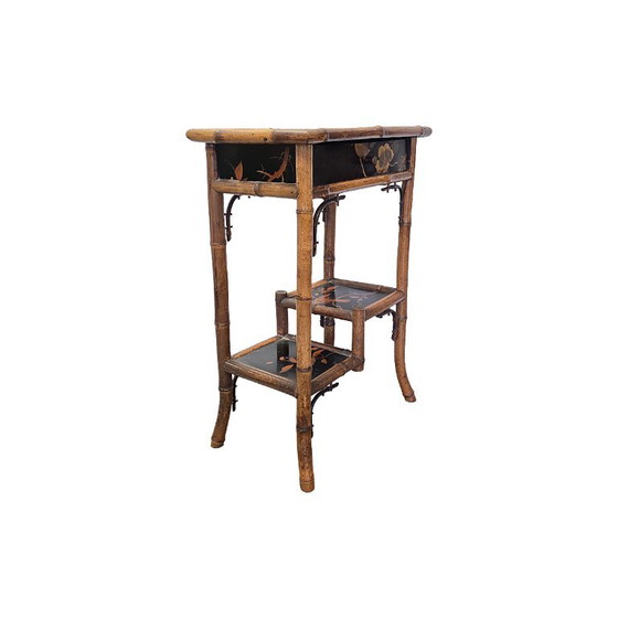 Antique Victorian Side Table with Chinoiserie, c. 1890, Bamboo, Brown (photo 3 of 7)