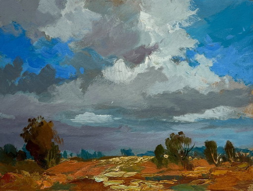 Original Oil Painting Summer Field Landscape Silence before the rain