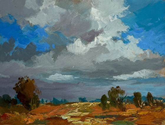 Image 1 of Original Oil Painting Summer Field Landscape Silence before the rain