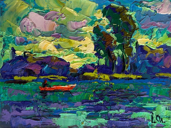 Image 1 of Original Oil Painting Evening River Landscape River and yellow sunset