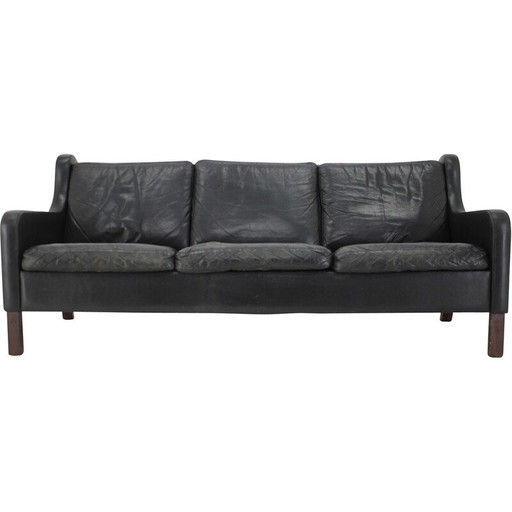 Vintage black leather 3-seater sofa, Denmark 1970