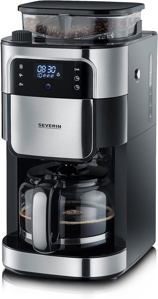 SEVERIN Cafetière Filtre Avec Broyeur, 1 000W, 1,4L, Jusqu'à 10 tasses, Sélecteur d'arôme, Ecran tactile, Inox Brossé/Noir,KA 48