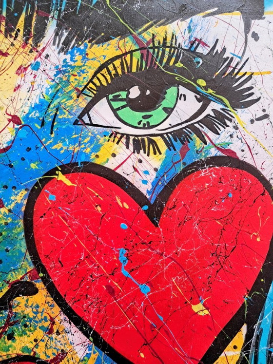 Pittura Pop Art, volto di donna con cuore, Dipinti e disegni, Tela, Blu (foto 6 di 15)