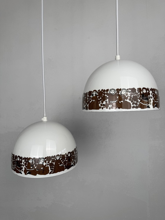 Image 1 of  Set of 2 Enamel Pendant Lamps by Kaj Franck for Fog & Mørup – “Tanssi” Folklore Design cm ⭐️ Designed by Kaj Franck for Fog & M