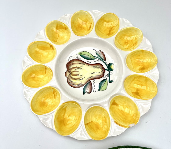 Image 1 of Tres platos de ostras/huevos pintados a mano – Sarreguemines, Francia