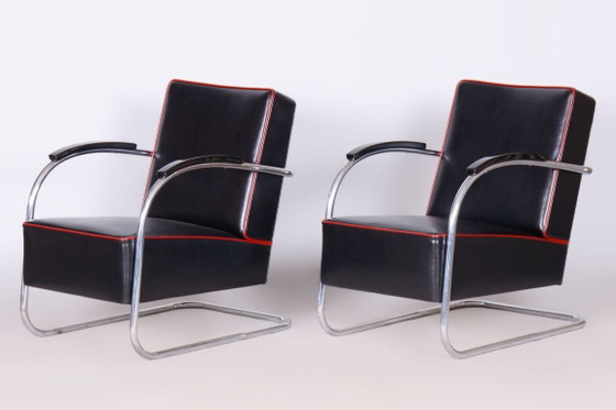 Paar gerestaureerde Bauhaus Fn21 fauteuils, van Mücke-Melder, leer, Tsjechisch, jaren dertig – Leather, Metal (photo 3 of 16)