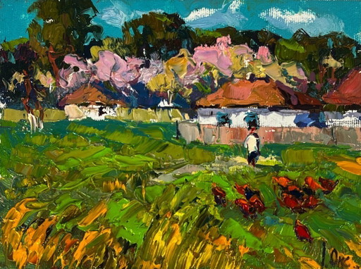 Peinture à l'huile originale représentant un paysage rural, une rue et le parfum printanier du village