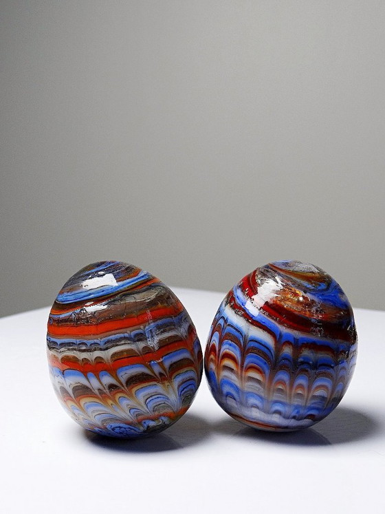 Image 1 of Pair of vintage Murano glass eggs, blown from a cane, circa 1950