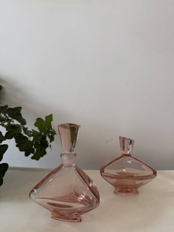 Image 1 of Art Deco Set Pink Glass Bottle and Lidded Jar