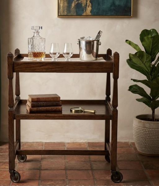 Carrello bar inglese caratteristico in rovere, carrello da parete, tavolino con cassetto portaposate (ca. 1920)