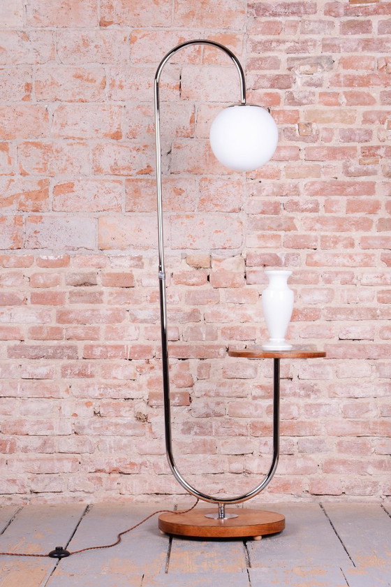 Restored Bauhaus Floor Lamp, by R. Slezák, Oak, Chrome, Czech, 1920s, Floor lights, Glass, Wood, Brown (photo 10 of 11)