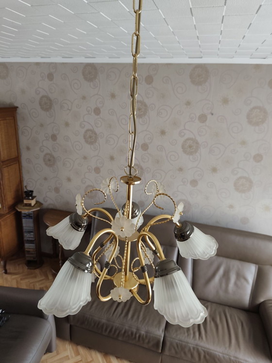 Bellissimo lampadario vintage a 5 bracci – Illuminazione, Vetro, Metallo (photo 3 of 7)