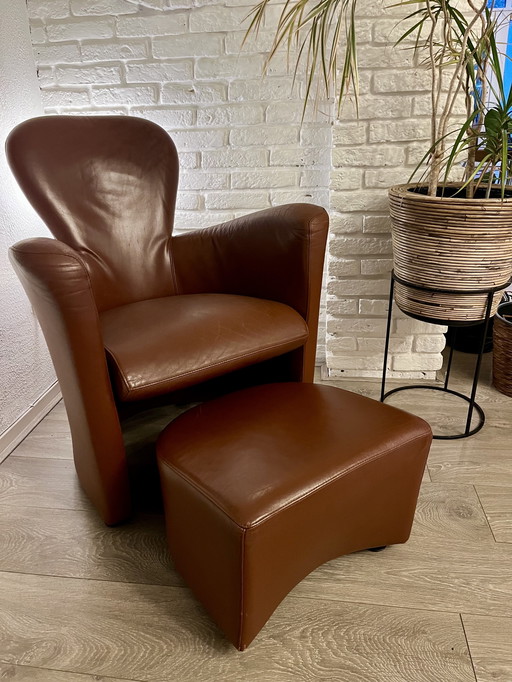 Amphora Leolux with pouf - design - brown - genuine leather - chestnut