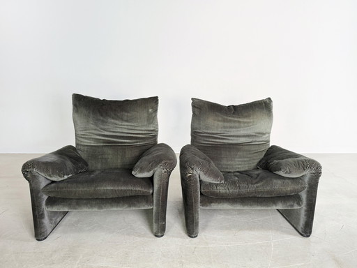 2x Cassina Maralunga armchair Vico Magistretti fabric green corduroy velvet