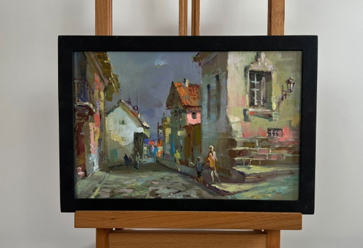 Origineel olieverfschilderij: Somber stadslandschap, wandelend door de stadsstraat.