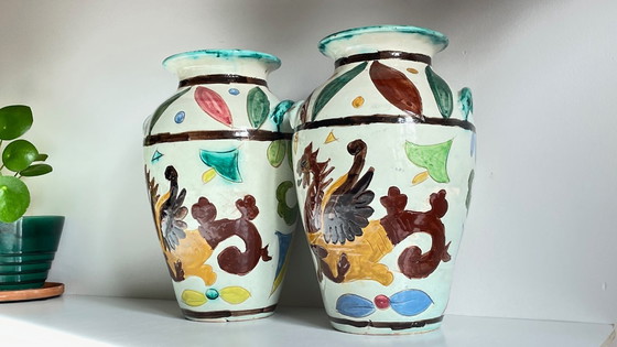 Image 1 of Italian Majolica Vases with Dragon Motif