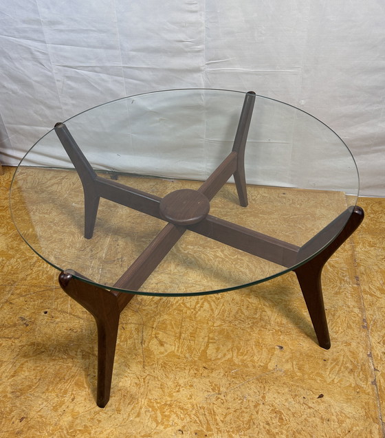 Image 1 of Mid-Century Retro Vintage Teak Coffee Table with Round Glass Top – 1960  In the Style of Adrian Pearsall | Danish Design Influen