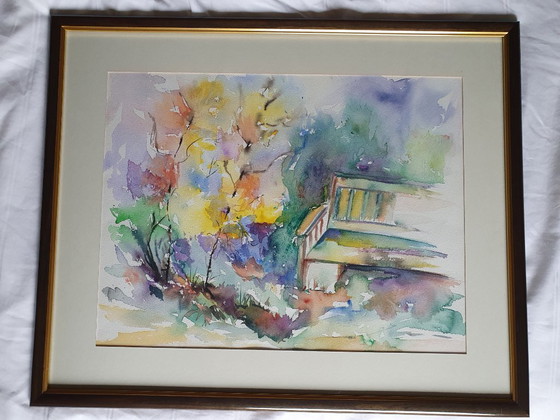 Original watercolor "Garden bench in flower garden" (1991) – signed Kim – professionally framed (photo 2 of 5)