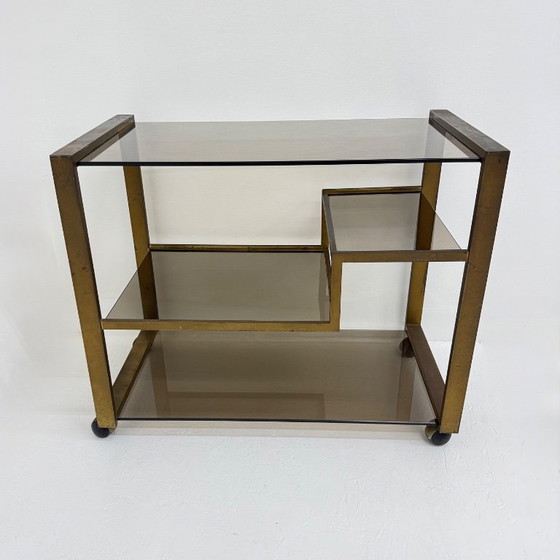 Image 1 of Barwagen aus Messing mit Rauchglas aus der Mitte des 20. Jahrhunderts, 1970er Jahre