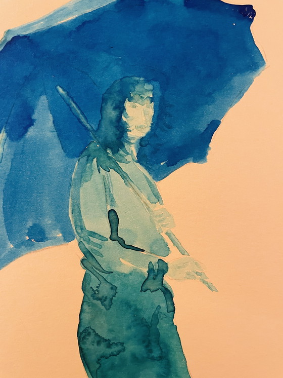 Image 1 of Gesigneerd schilderij blauw aquarel vrouwenportret "weekend in Honfleur".