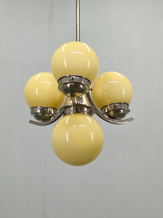 Image 1 of Art Deco Chrome and Opaline Glass Chandelier, 1930s