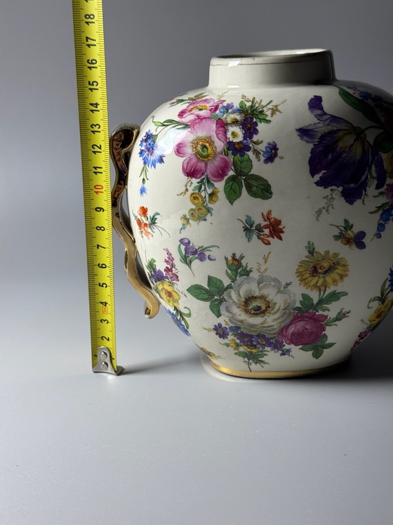 Boch Frères Keramis, Art Deco Vase, “Fleurs des Saxe” Decoration -Belgium, Ceramic, Gold (photo 15 of 15)