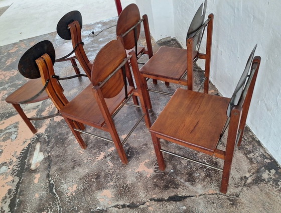 Image 1 of Set di 6 sedie da pranzo brutaliste in teak e acciaio di metà secolo, anni '60