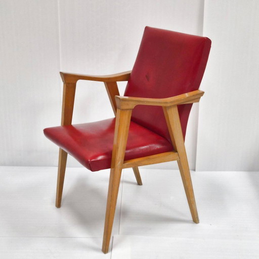 Poltrona vintage anni '50 con gambe a bussola in faggio e vinile, stile rockabilly anni '50