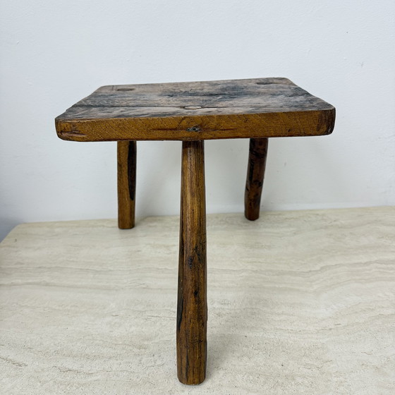 Image 1 of Vintage Brutalist Solid Wooden Stool Side Table