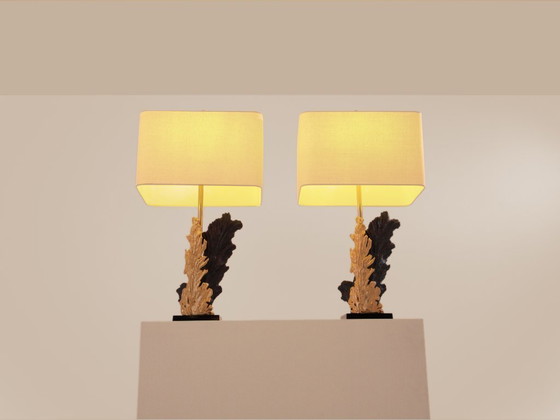 Image 1 of Philippe Cheverny paar grote tafellampen van hars en brons, jaren 70