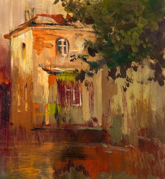 Image 1 of Original Oil Painting Evening River Landscape City on the water