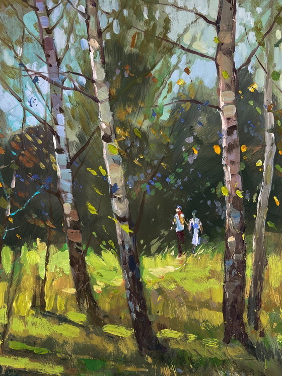 Image 1 of Peinture à l'huile originale, paysage naturel, prairie, promenade parmi les bouleaux