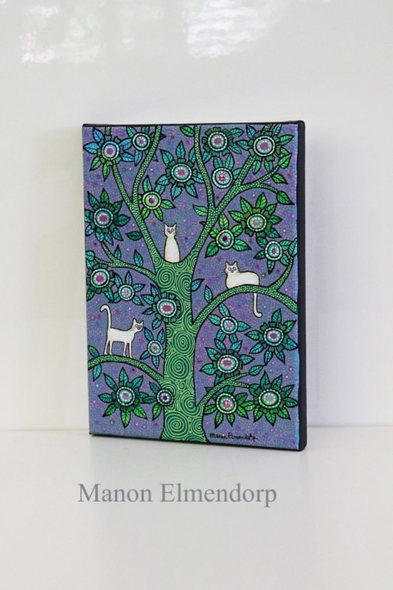 Image 1 of Original Hand-Painted Small Painting White Cats in a Tree