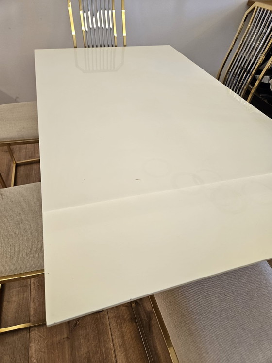 Image 1 of Re: Mesa de comedor de diseño, blanco brillante, dorado, cromo, 6 sillas, metal, lujo