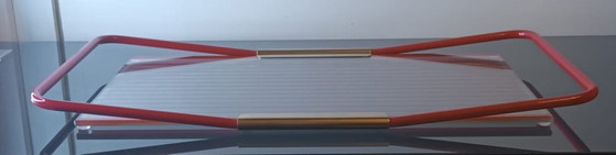 Image 1 of Vintage MB Patent Red Metal & Glass Serving Tray - Made in Italy - 1970s/1980s