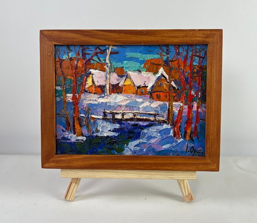 Original Oil Painting Winter Village Landscape Frosty breath of dawn