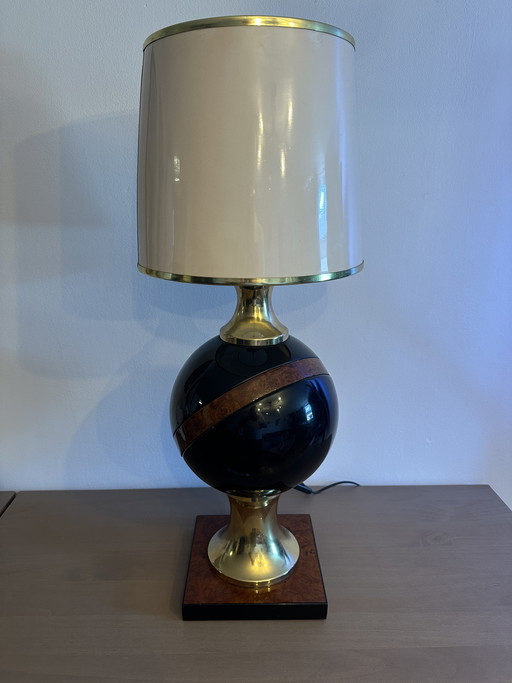 Vintage Hollywood Regency style table lamp in walnut and brass, 1970s