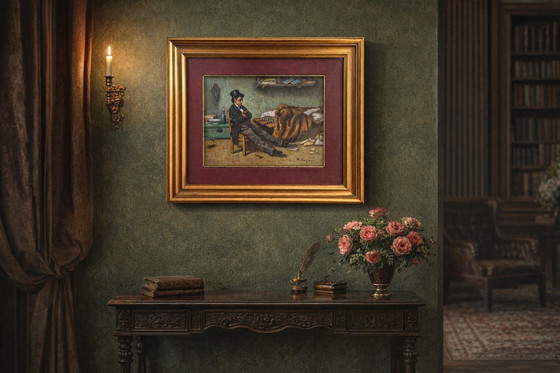 Image 1 of Author's Painting "The Poet" by A. Pontiglione, Vintage 1980s with Golden Frame