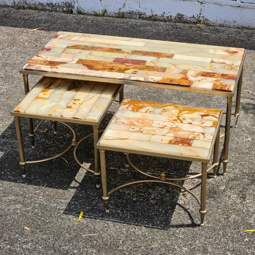  Vintage Set of 1 Onyx Marble Coffee Table and 2 Side Tables - Regency Style - 70s