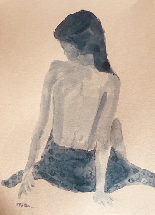Indigo blue watercolor painting of a woman from behind, wearing a fouta towel, in a hammam.
