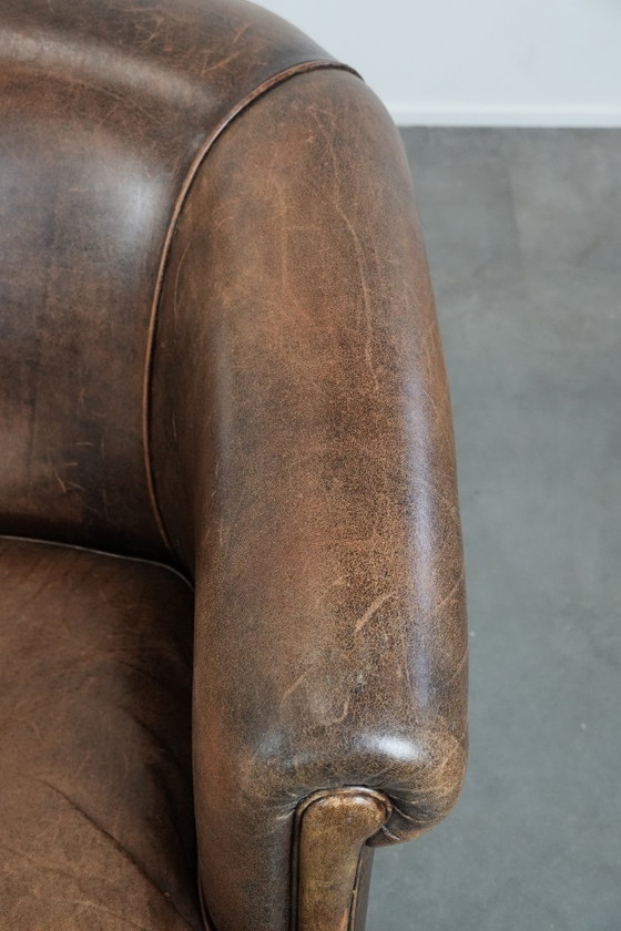 Image 1 of Vintage 2 zits bank gemaakt van cognac kleurig schapenleer in Engelse stijl