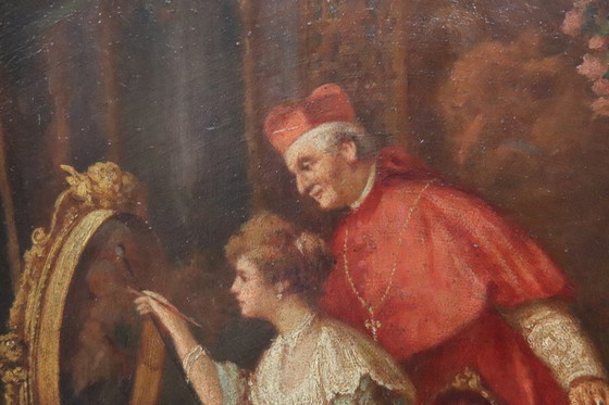 Image 1 of Olieverfschilderij op karton, Jonge schilderes met kardinaal, Italië, 19e eeuw