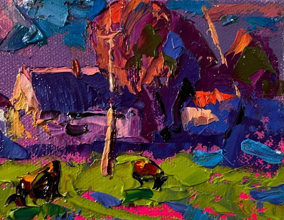 Original Oil Painting Rural Sunset Landscape Purple Evening In The Village – Paintings & Drawings, Canvas (photo 4 of 8)