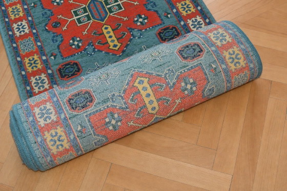 Image 1 of Tapis de couloir vintage en laine, style kazakh, motif géométrique bleu et rouge (70 x 350 cm)