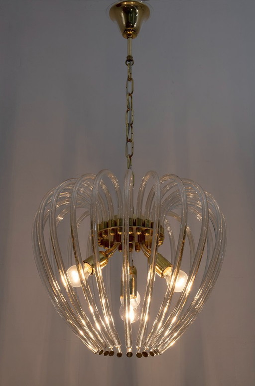 Venini Mid-Century Modern Italian Murano Glass and Brass Chandelier, 1950s