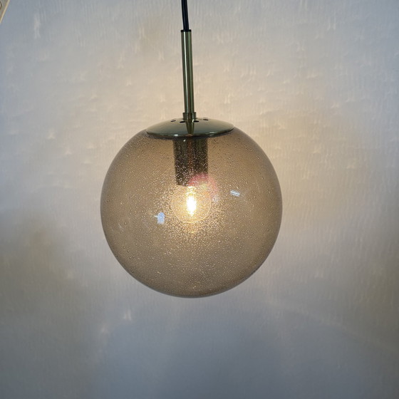 Image 1 of Limburg Glashütte Brass Smoked Glass Ball Pendant Hanging Lamp, 1970s