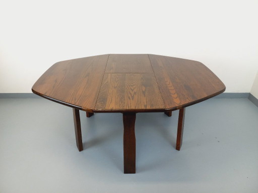 Tavolo da pranzo esagonale in rovere stile brutalista vintage degli anni '50 con prolunga